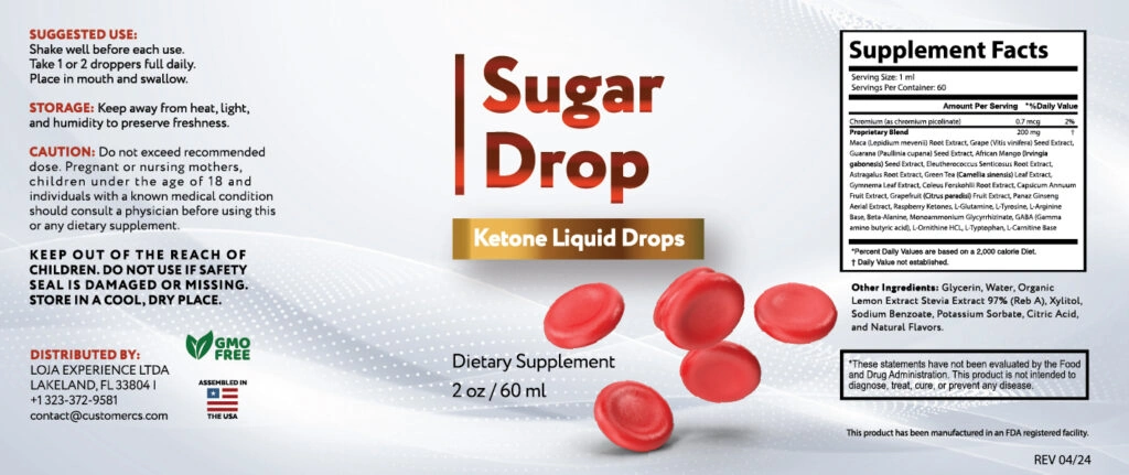 Sugar Drop supplement facts label — natural botanical formula for healthy blood sugar balance